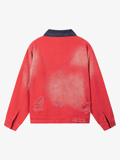 Retro Ripped Washed Contrast Color Work Jacket 