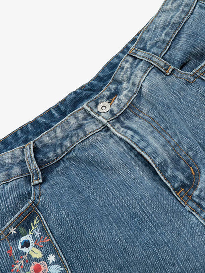 Embroidered Floral Culottes Denim Jorts 