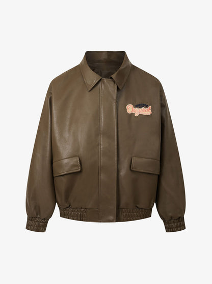 Thesupermade Lettering Embroidered Leather Bomber Jacket 