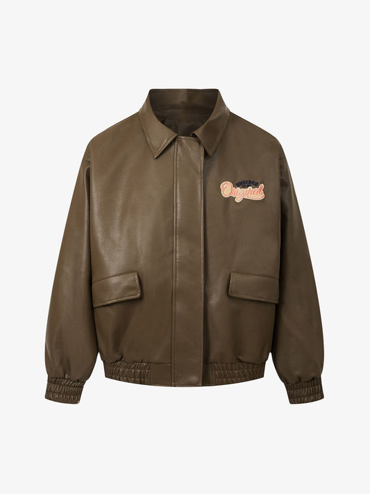 Thesupermade Lettering Embroidered Leather Bomber Jacket 