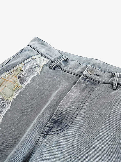 Ripped Lace Patchwork Straight Jeans 