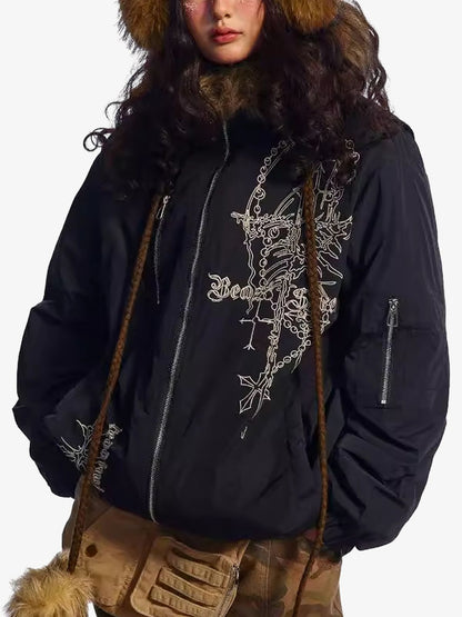 Embroidered Fur Hooded Quilted Jacket 