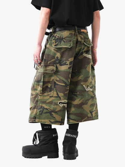 Retro Ripped Camouflage Cropped Jorts - 2387 