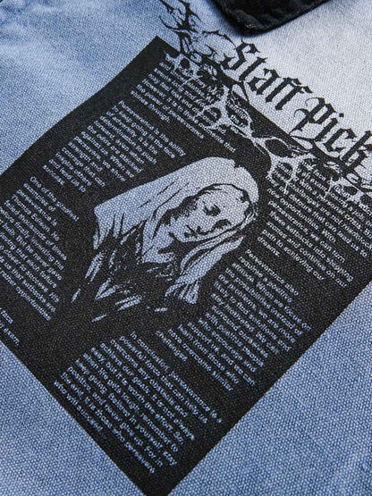 Ripped Graffiti Washed Zip Up Denim Jacket 