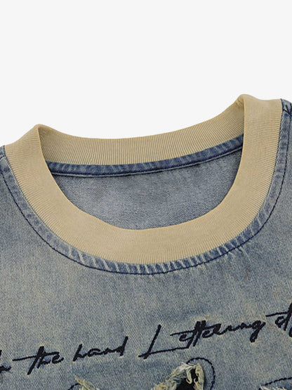 Distressed Washed Patchwork Gradient Denim T-shirt 