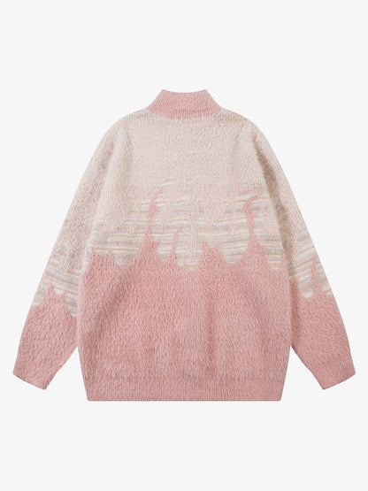 Thesupermade Flame Embroidery Fuzzy Zipper Sweater 