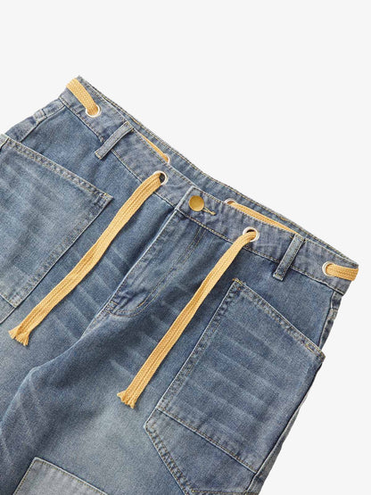 Thesupermade Drawstring Denim Patch Washed Jeans 