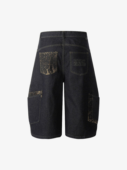 Washed Cheetah Print Patchwork Denim Jorts 