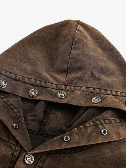 Distressed Washed Rivet Hooded Denim Sweatshirt 