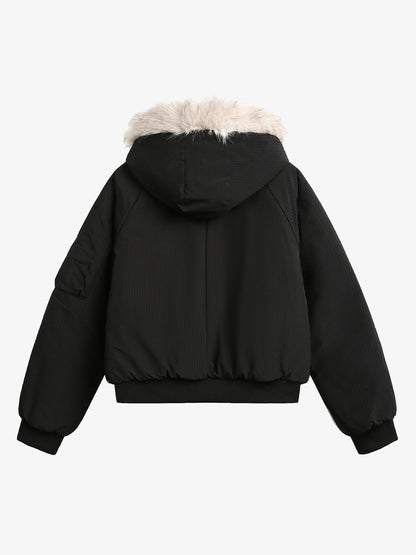 Retro Fur Hooded Fleece Bomber Jacket 