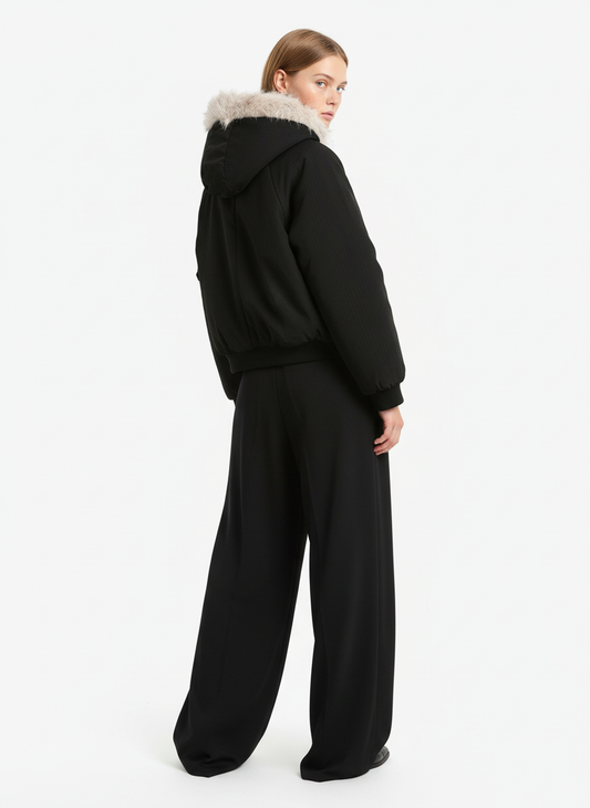 Retro Fur Hooded Fleece Bomber Jacket - 2478