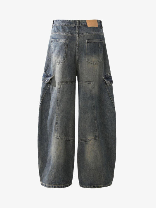 Washed Multi-Pocket Baggy Barrel Cargo Jeans 