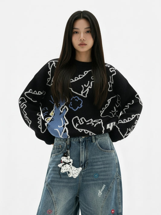 Thesupermade Cartoon Dinosaur Printed Sweater - 1004