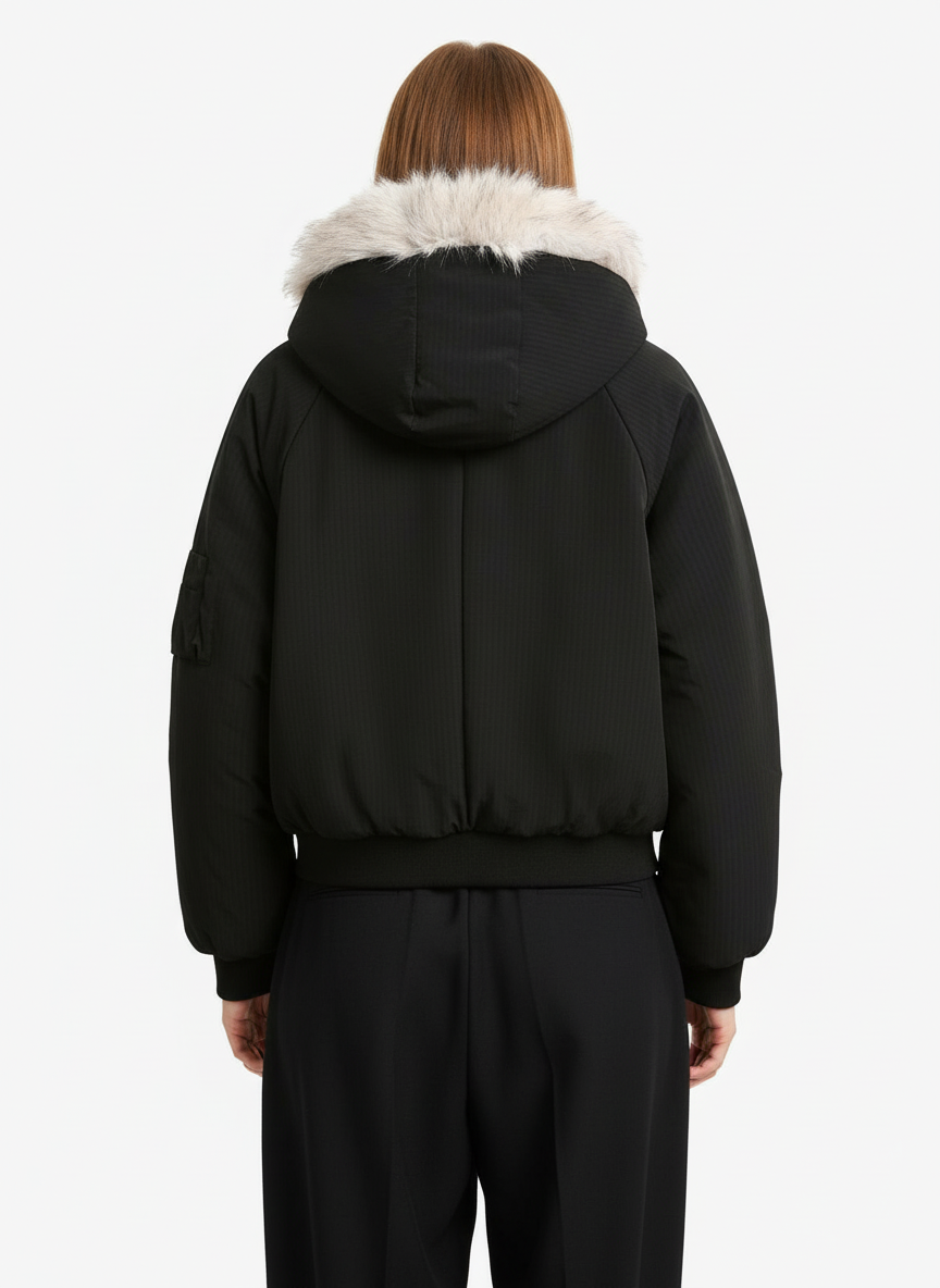 Retro Fur Hooded Fleece Bomber Jacket - 2478