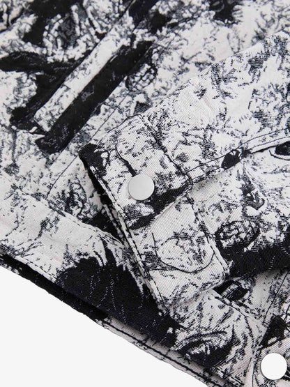 Black And White Contrast Floral Denim Jacket 