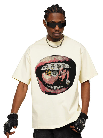 Street Retro Washed Lip Print T-shirt 