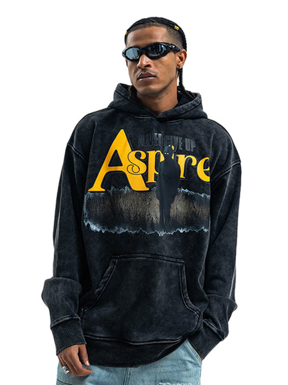 Heavy Washed Letter Portrait Print Fleece Hoodie 