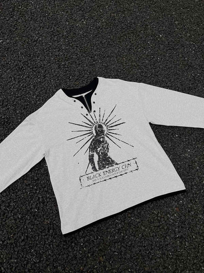 Retro Portrait Print Faux Two-Piece Long Sleeve T-Shirt - 2316 