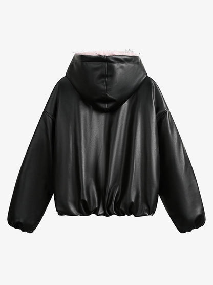 Leather Pink Fur Hooded Quilted Jacket 