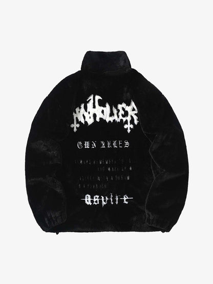 Thesupermade Hip-hop Letter Stand Collar Fur Jacket - 1908 