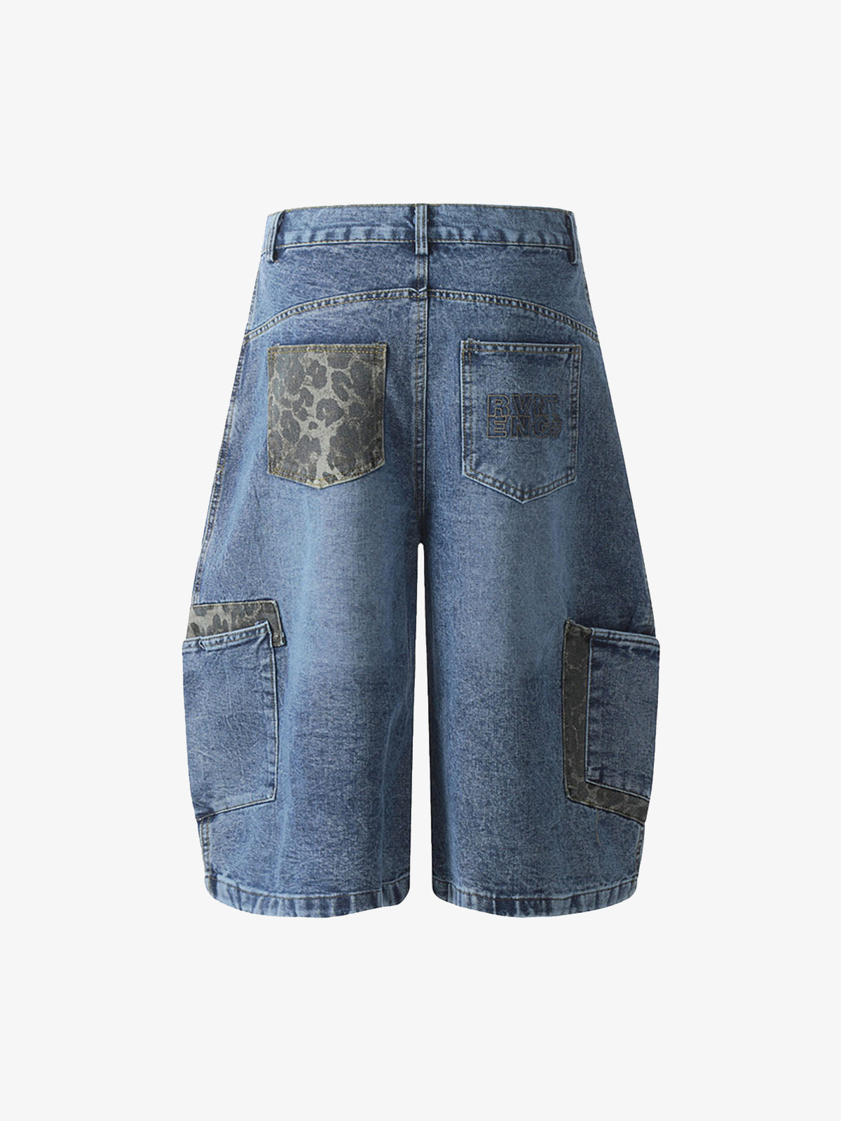 Washed Cheetah Print Patchwork Denim Jorts 