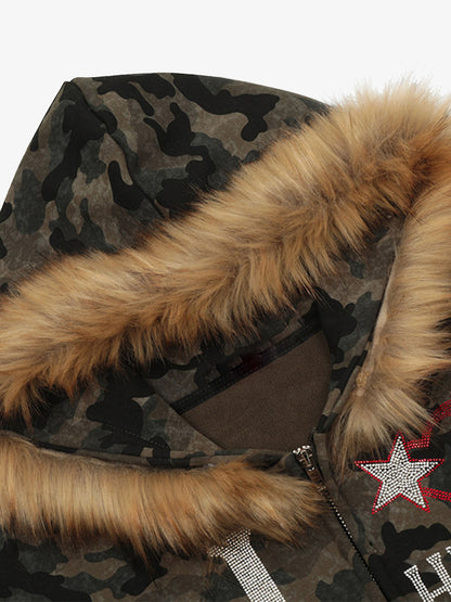 Hotfix Rhinestones Camouflage Fur Hooded Fleece Jacket - 2357 