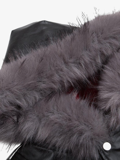Deconstructed Multi Pocket Fur Hooded PU Leather Jacket 