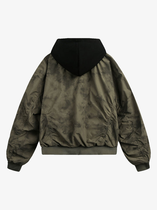 Patchwork Faux Two-Piece Gradient Hooded Bomber Jacket 