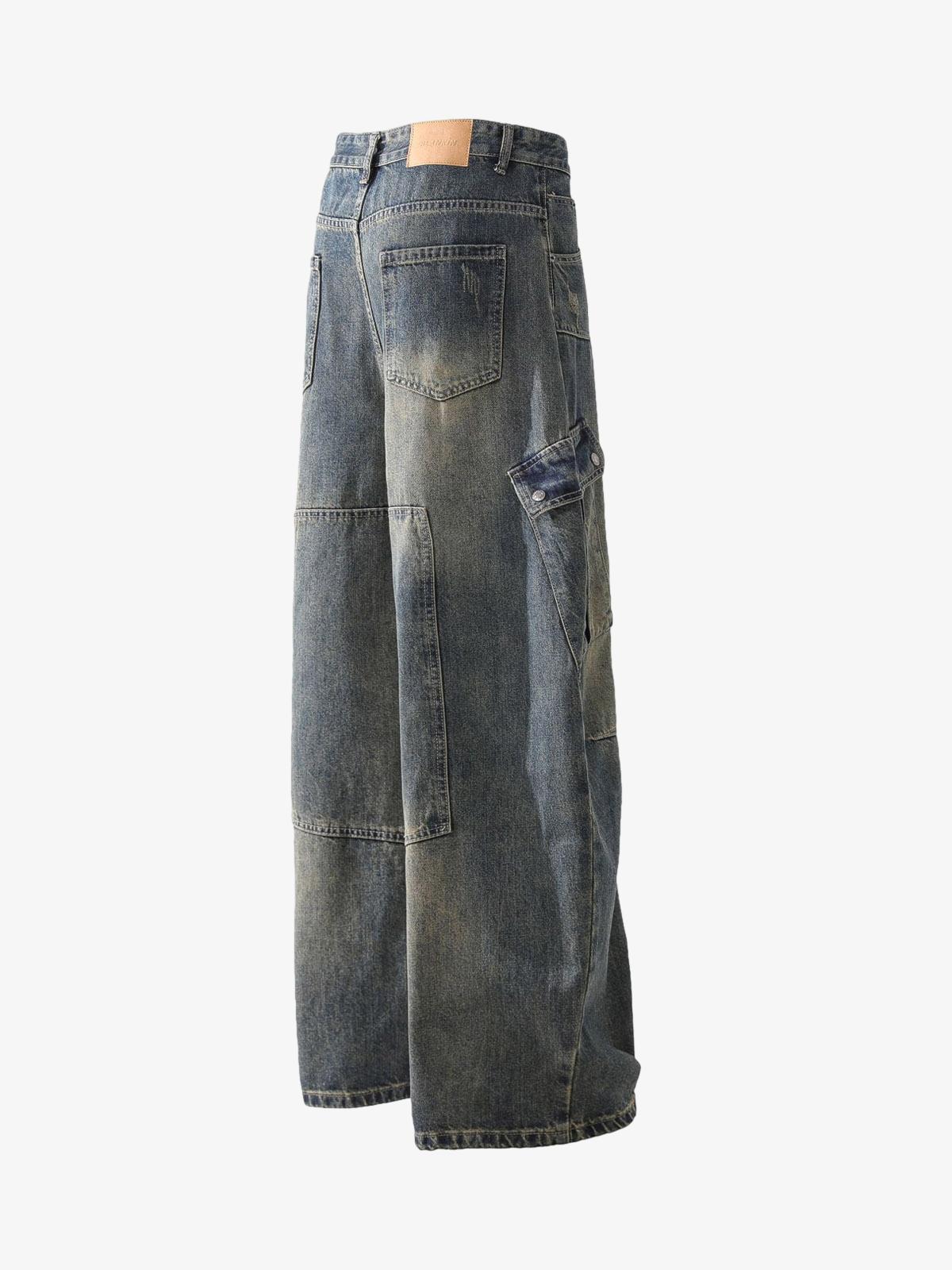 Washed Multi-Pocket Baggy Barrel Cargo Jeans 