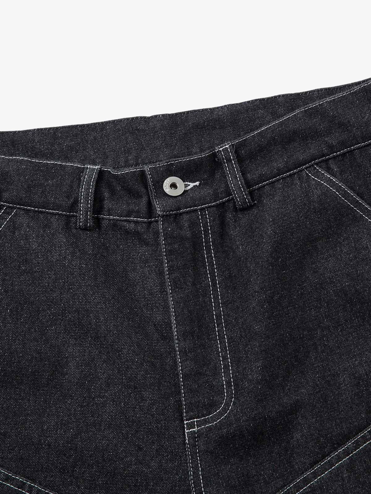 Deconstructed Split Topstitched Pleated Pocket Jeans 