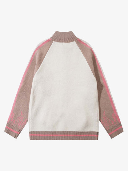 Thesupermade Contrast Color Jacquard Mock Neck Zipper Sweater 