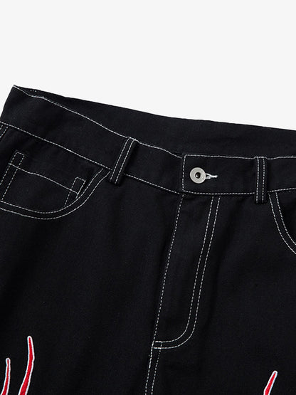Contrast Flame Embroidered Baggy Jeans - 2364 
