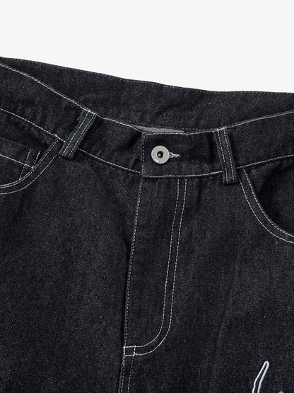 Embroidered Flame Baggy Jeans 