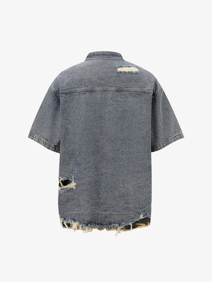 Thesupermade Patchwork Camouflage Ripped Shirt Jorts Denim Suit 