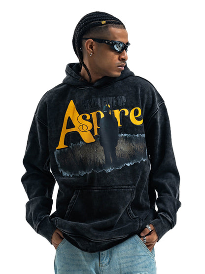 Heavy Washed Letter Portrait Print Fleece Hoodie 