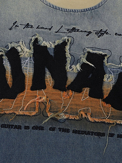 Distressed Washed Patchwork Gradient Denim T-shirt 