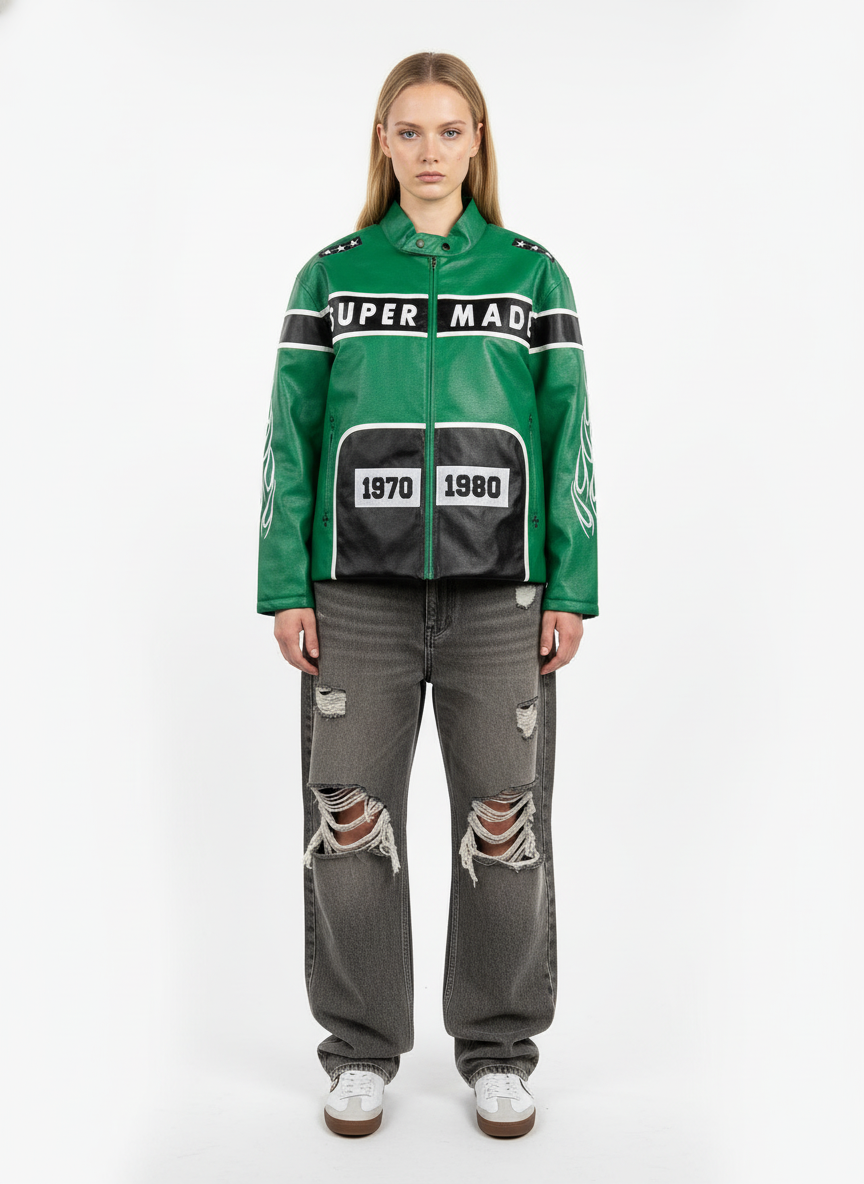 Thesupermade Vintage Biker Style Embroidered Leather Jacket - 1746