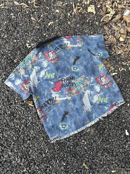 Tie-Dye Denim Graffiti Polo T-Shirt 