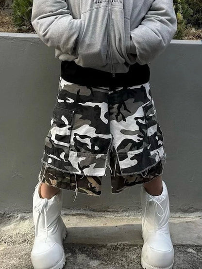 Retro Faux Two-Piece Whisker Camouflage Jorts - 2386 