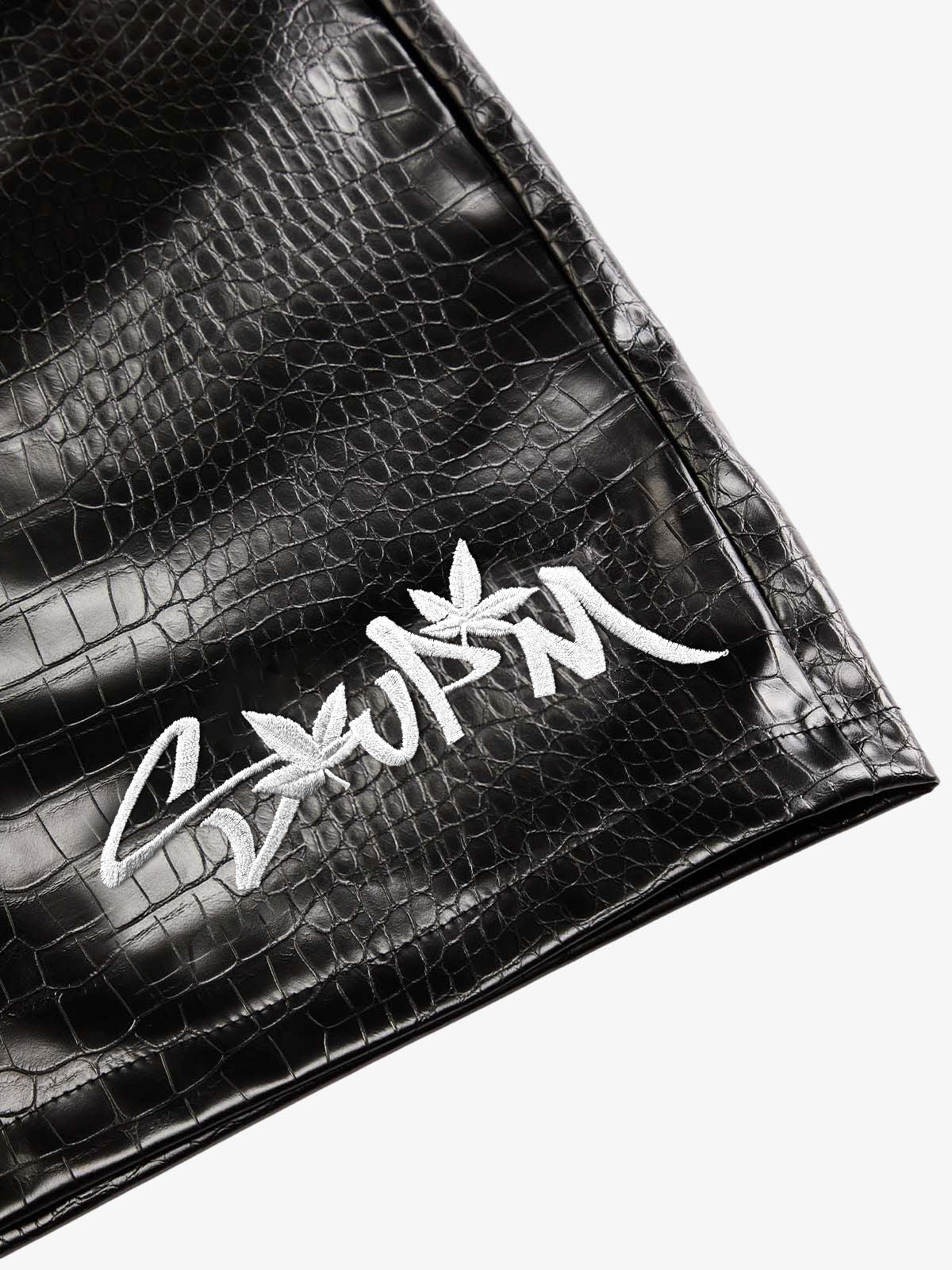 Letter Embroidered Leather Shorts 