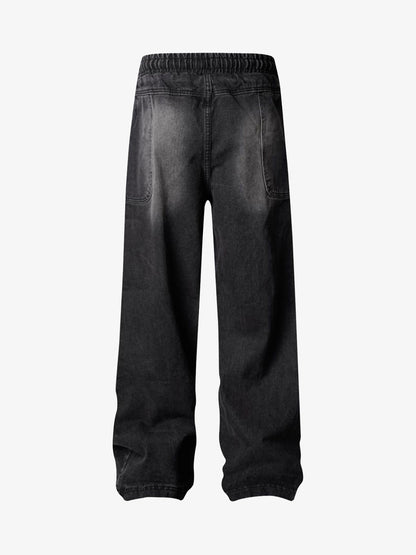 Washed Distressed Deconstructed Split Drawstring Jeans 