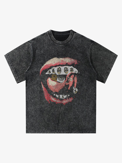 Street Retro Washed Lip Print T-shirt 