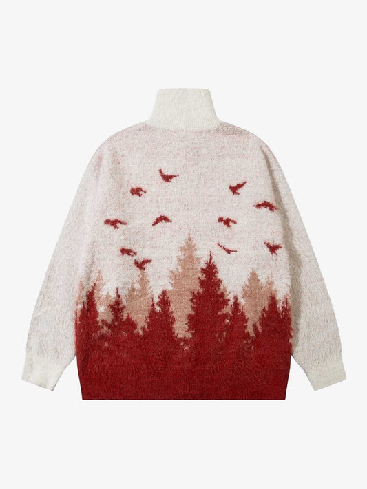 Thesupermade Faux Mink Fur Forest Bird High Collar Zipper Sweater 