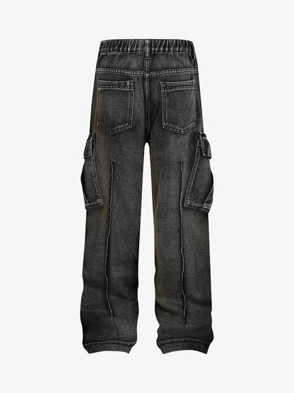 Washed Distressed Pleated Cargo Jeans 