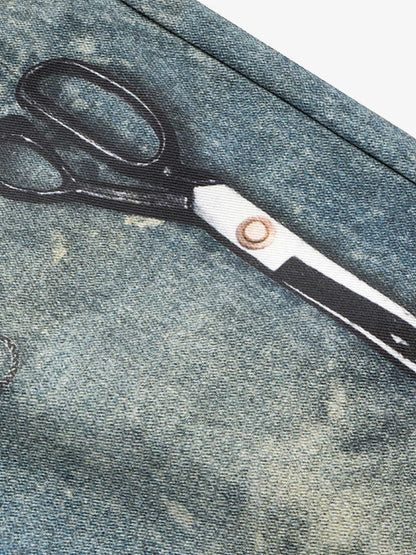 Retro Scissors Print Cropped Denim Shorts 