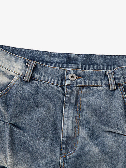 Distressed Washed Pleated Jeans 