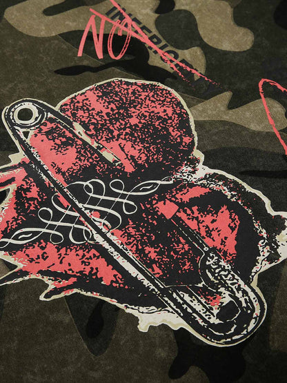 Vintage Camouflage Flame Heart Print Hoodie 