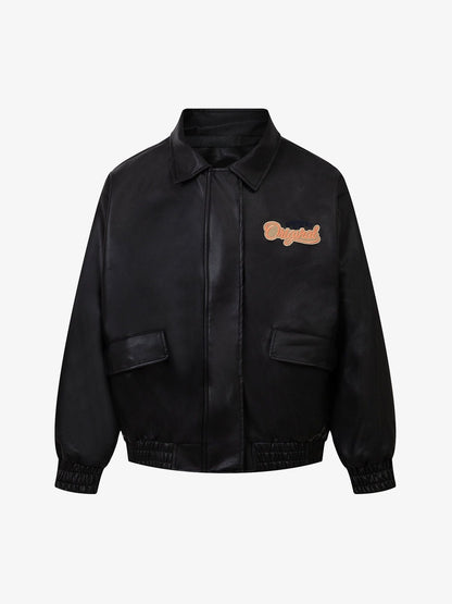 Thesupermade Lettering Embroidered Leather Bomber Jacket 