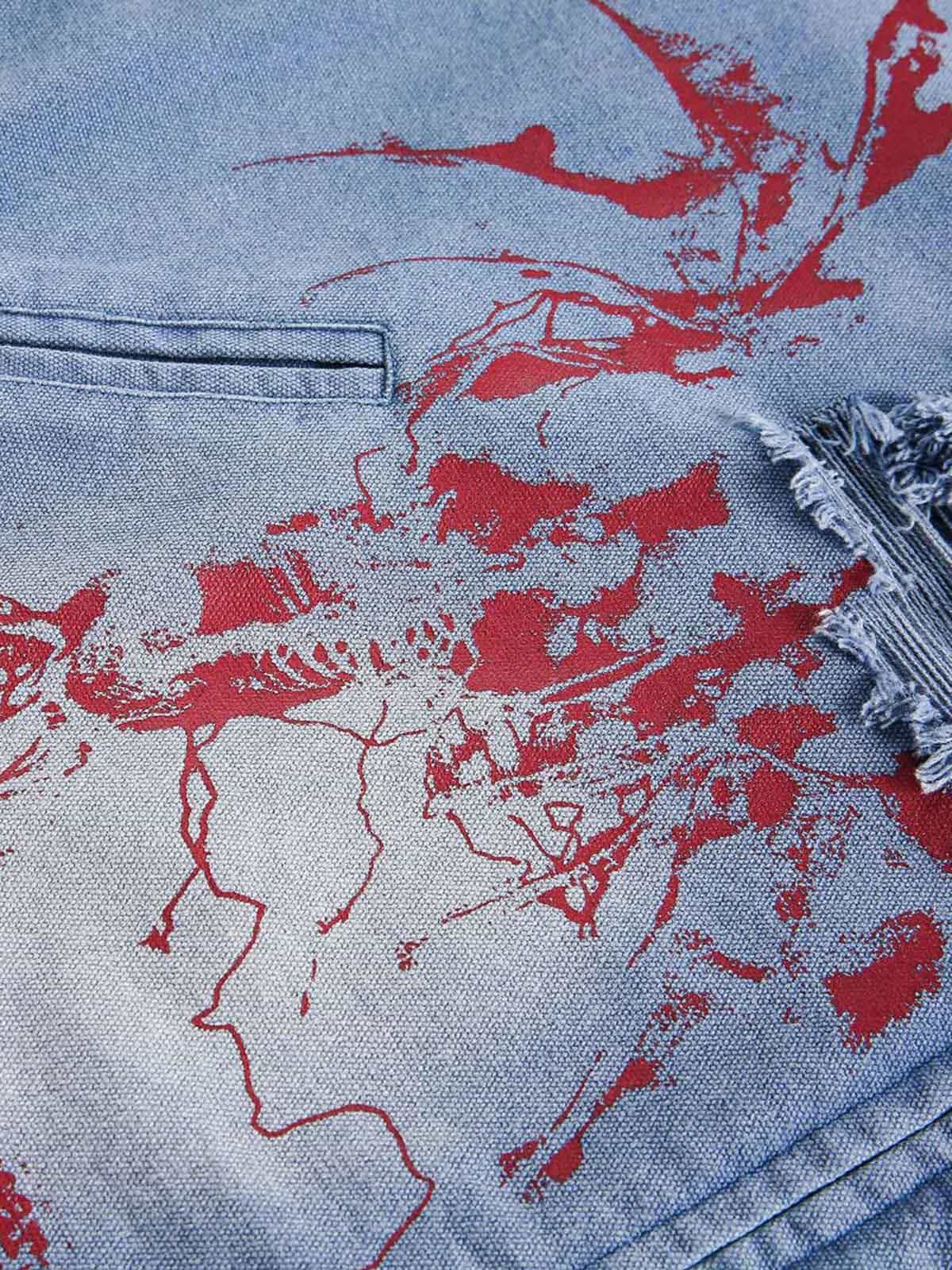 Ripped Graffiti Washed Zip Up Denim Jacket 