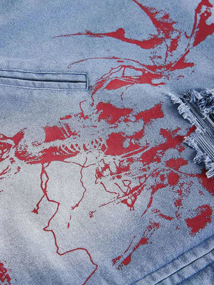 Ripped Graffiti Washed Zip Up Denim Jacket 